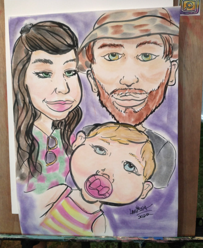 caricature of a couple and their baby