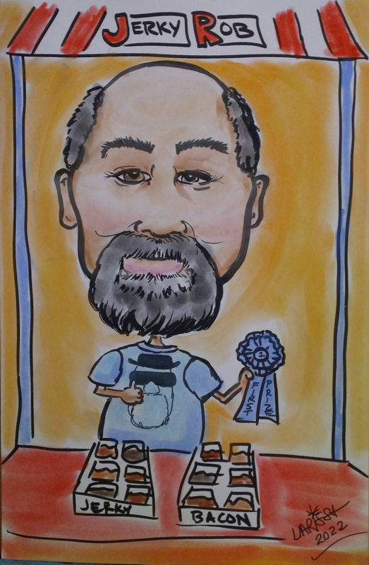caricature of a man who  makes award winning jerky and flavored bacon
