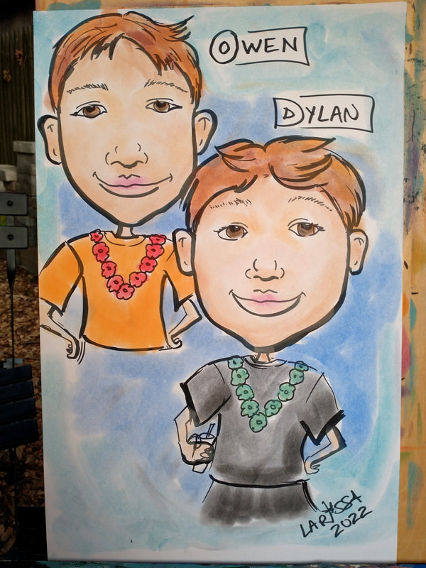 caricature of two boys at a luau