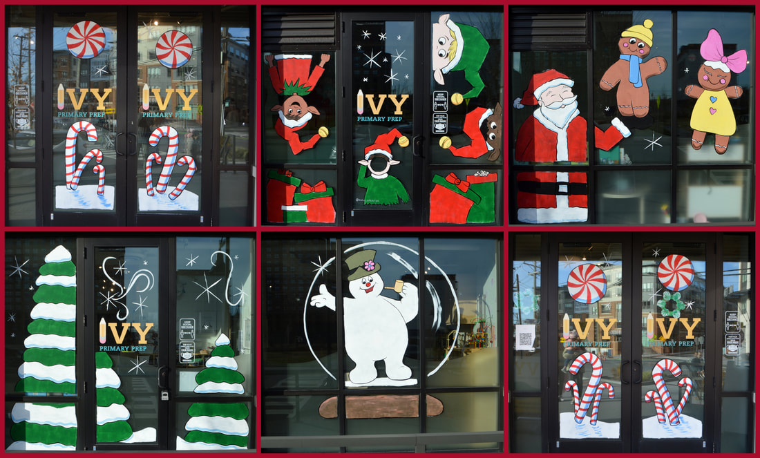 Christmas Window Paintings at Ivy Primary Prep Preschool in Jersey City, Hudson County, NJ featuring elves, peppermint and candy canes, Santa Claus, gingerbread people, snowy trees, and Frosty the Snowman