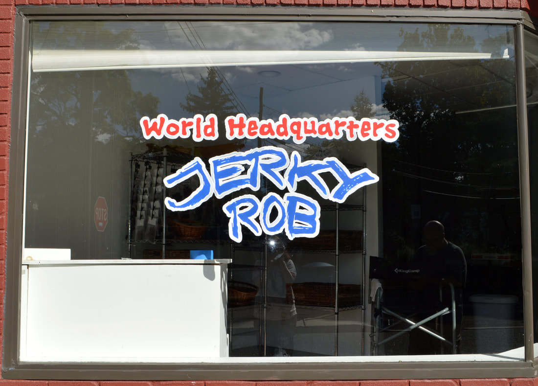 Window Painting of Logo for Jerky Rob's New Storefront Shop in Harrington Park, Bergen County, NJ