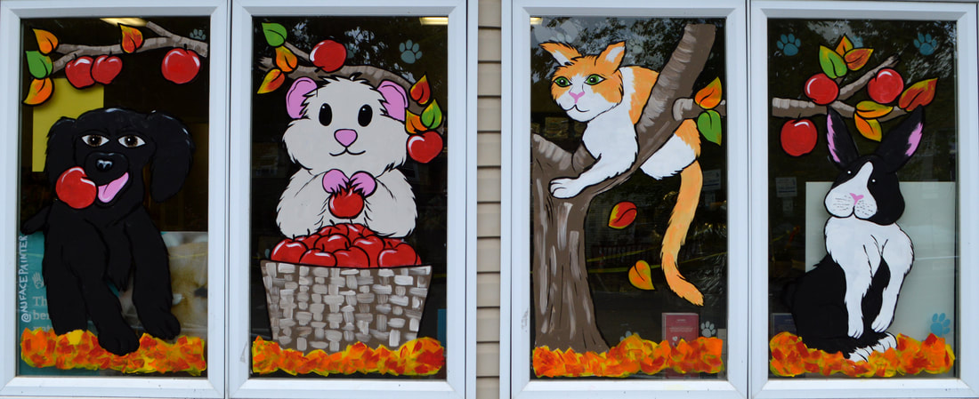 Fall Window Art at Maywood Veterinary Hospital in Maywood, Bergen County, NJ, featuring animals apple picking