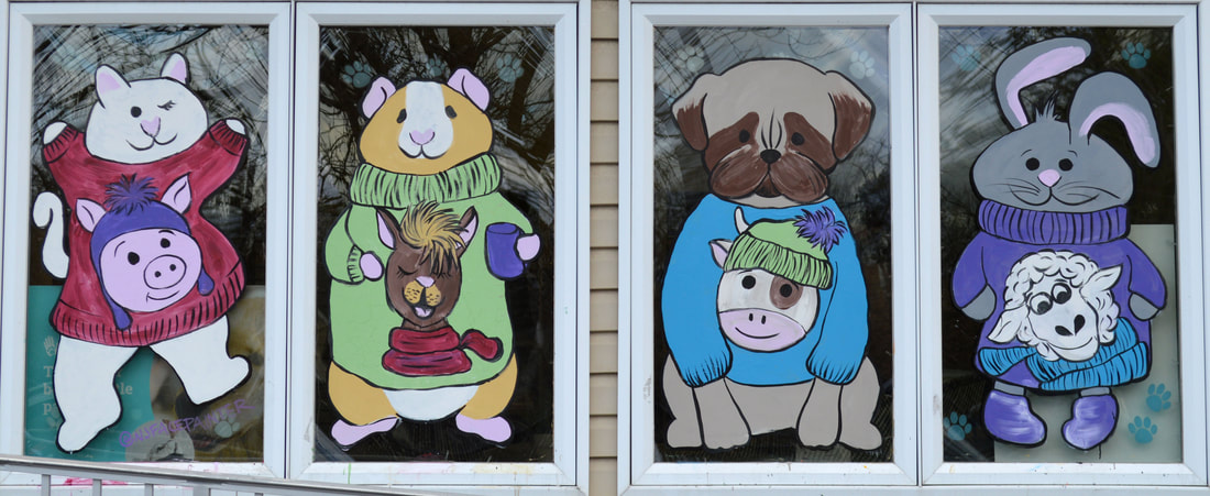 WInter Window Painting at Maywood Veterinary Hospital in Maywood, Bergen County, NJ featuring animals in ugly christmas sweaters - a cat in a pig sweater, a guinea pig in an alpaca sweater, a dog in a cow sweather, and a rabbit in a sheep sweater