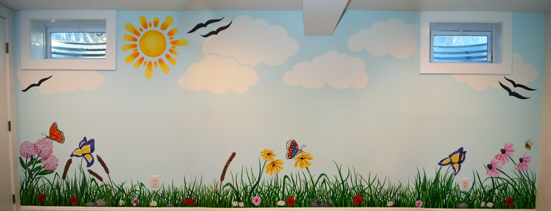 Children's Playroom Flower Garden Mural in Franklin Lakes, Bergen County, NJ featuring a sun, clouds, milkweed, coneflowers, black eyed susans, and butterflies