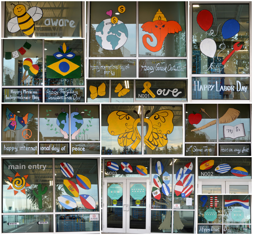 September Window Painting at the CDW5 Amazon Sorting Center in Carteret, Middlesex County, NJ, featuring Hispanic Heritage Month, Childhood Cancer Awareness Month, International Day of Peace, Rosh Hashana, Yom Kippur, Mexican Independence Day, Brazilian Independence, Day, International Day of Charity, Ganesh Chaturthi, Labor Day, and Patriot Day