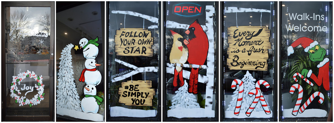 Winter Window Painting at Simply you Salon & Spa in Fair Lawn, Bergen County, NJ featuring trees, cardinals, a wreath, snowmen, candy canes, and the grinch